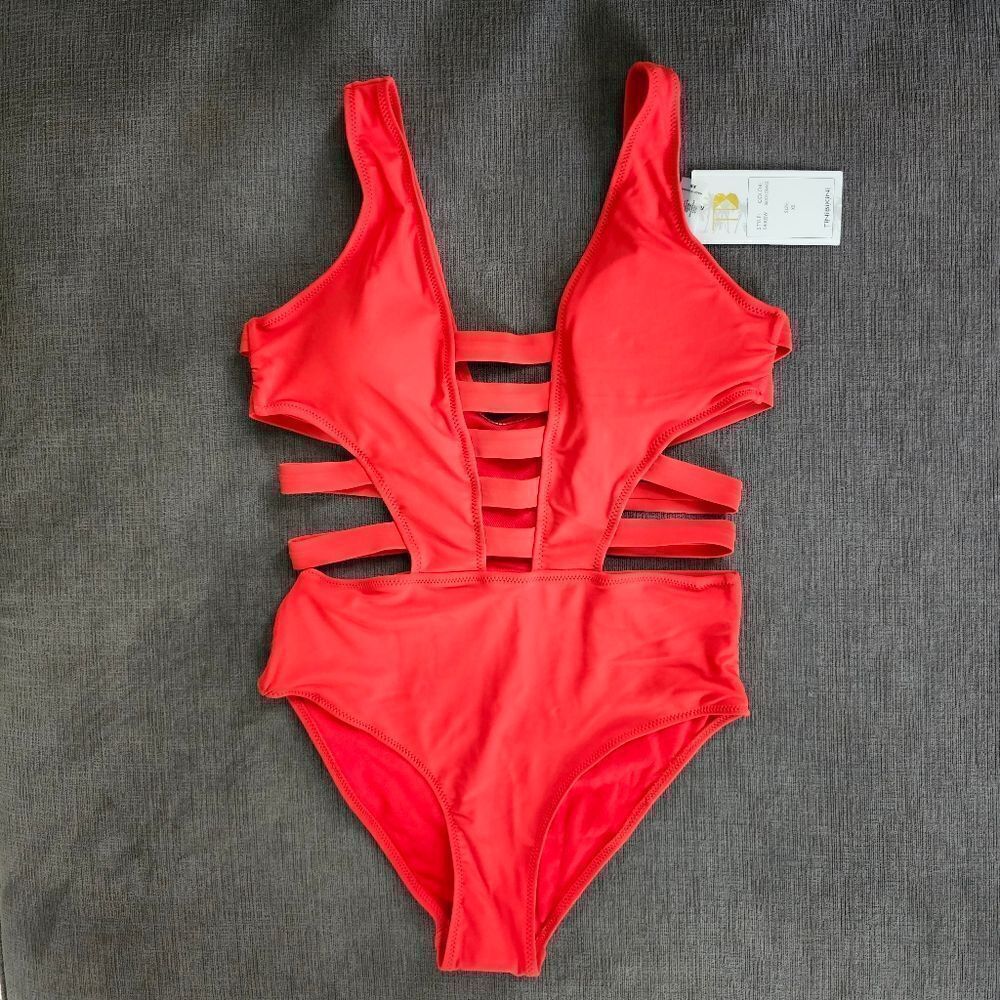 Tinibikini orange red strappy cut out one piece women's extra small XS swimsuit